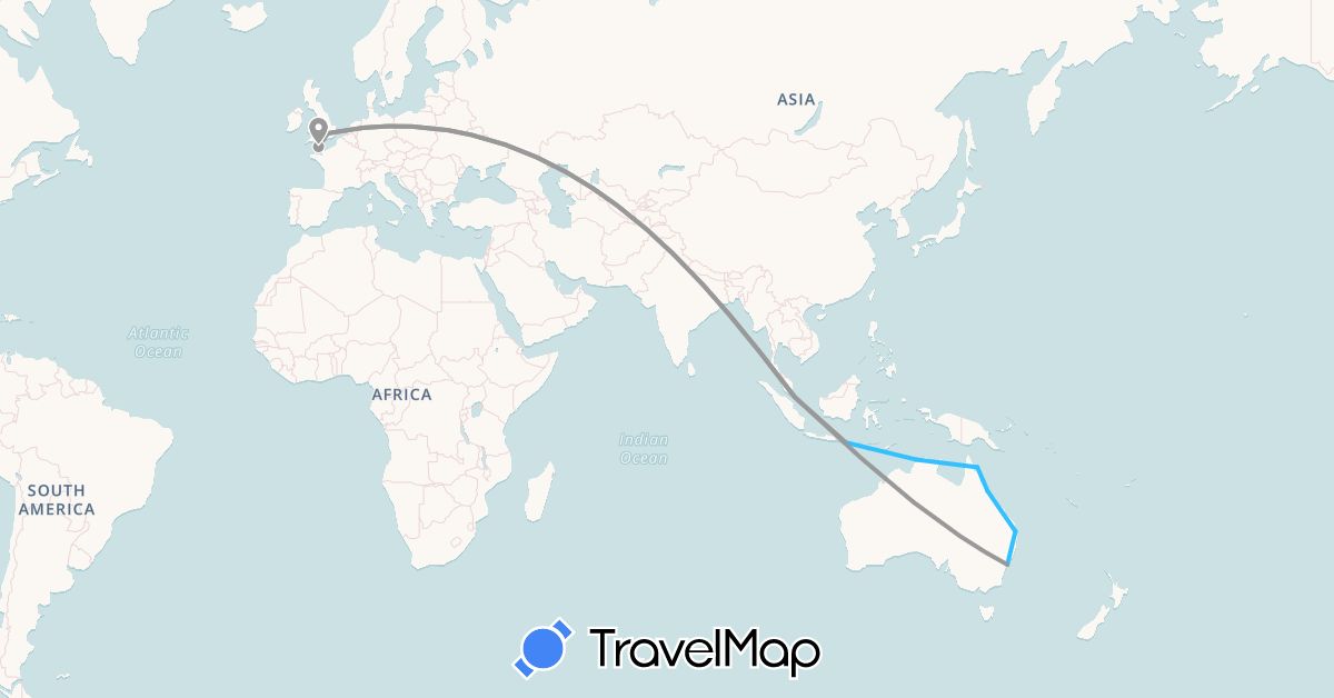 TravelMap itinerary: driving, plane, boat in Australia, United Kingdom, Guernsey, Indonesia, Singapore (Asia, Europe, Oceania)